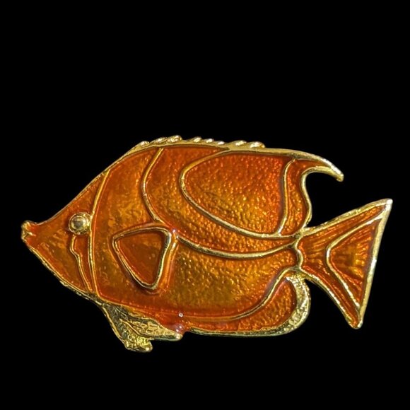 Tropical Fish Pin Brooch Gold Tone Orange Enamel Elegant Vintage Jewelry 2" - Picture 1 of 6
